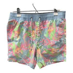 Party Pants Mens M Dino Munchies Party Starter 5" Swim Short Blue Pink Funny Fun